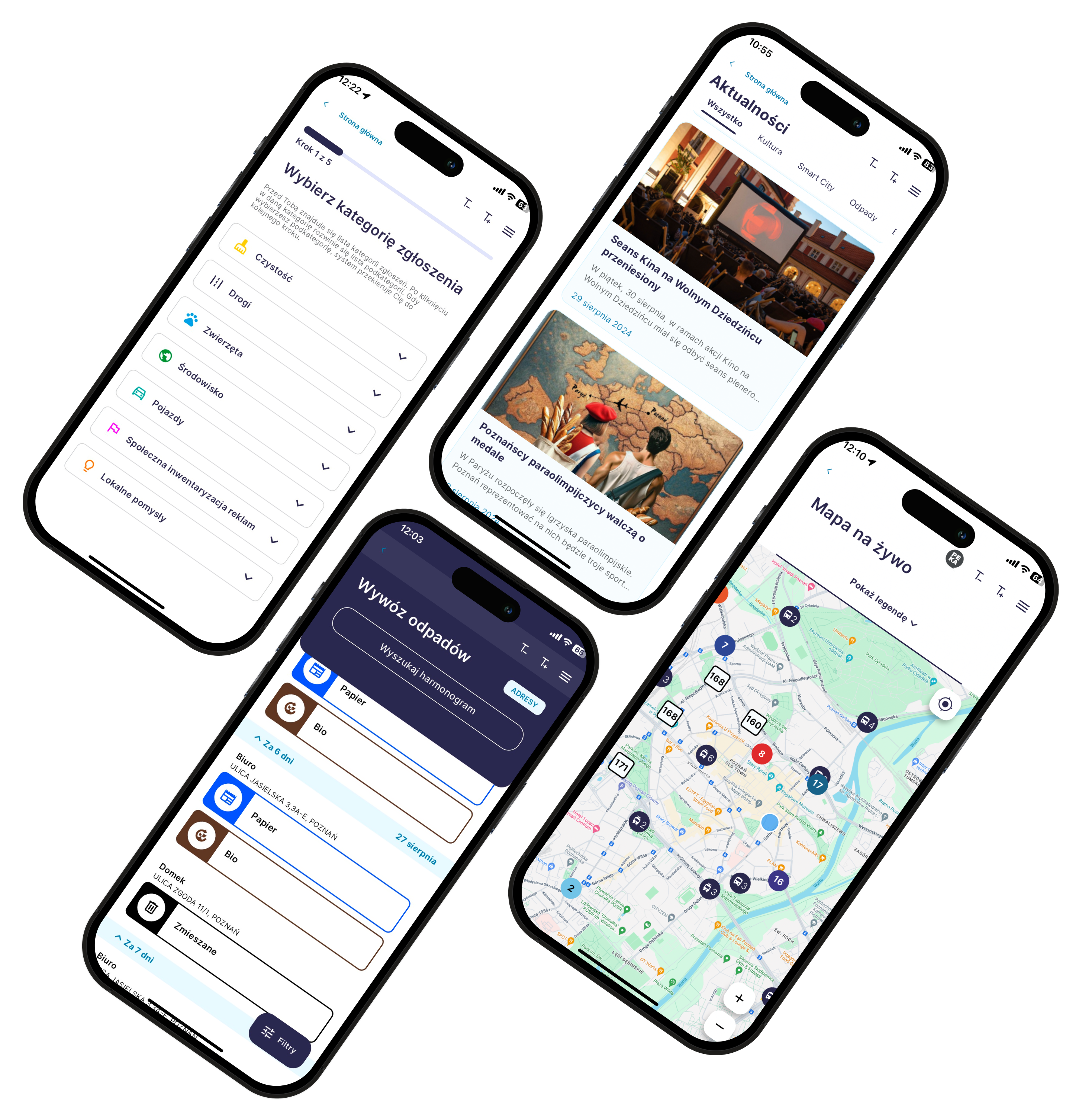 Obraz przedstawia cztery funkcjonalności aplikacji: zgłaszanie interwencji, aktualności, harmonogram wywozu odpadów oraz rozkład jazdy LIVE.