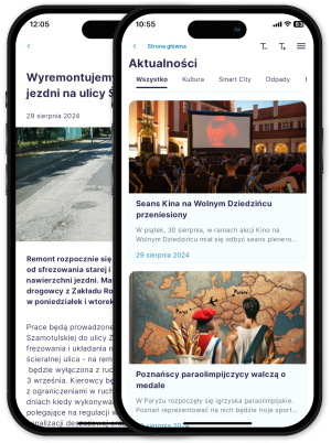 Aktualności Obraz przedstawia dwie grafiki telefonu z zaprezentowaną funkcjonalnością modułu Infoteka